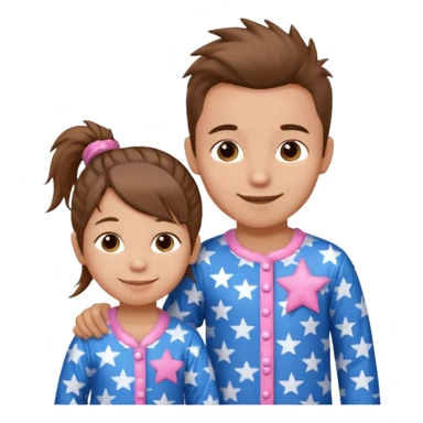 4 year old brown spikey haired boy with blue pajamas with stars on them and a 1 year old brown haired pony tail girl with pink pajamas, and stars on them with light skin. Top left on, can you make them smile more with lighter skin sticker