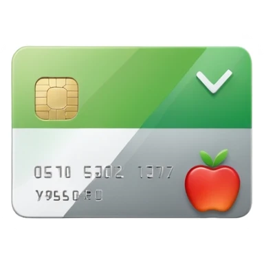 Apple style emoji of a minimalistic credit card in white-gray gradient, flat and clean design, no extra details, next to it a green square box with a bold white check mark inside, minimalistic Apple style sticker