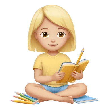 Flat illustration emoji of a small child sitting and reading a book with colored pencils or paint palette nearby, happy and peaceful expression, soft pastel colors (yellow, light blue, soft pink), rounded shapes, minimal details, child-friendly, warm and gentle style sticker