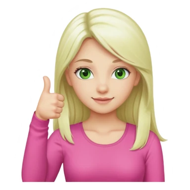 Long platinum blonde hair girl with green eyes in  pink top showing a thumbs up sticker