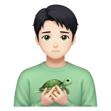 Gorgeous pastel green sweater black hair anime style shojo guy with blushing face and, turtle, aesthetic, trending style outside  sticker