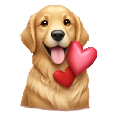 Golden retriever holding Valentine’s heart sticker