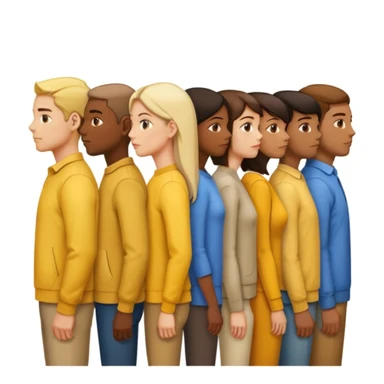 A line of people standing in profile, one behind the other, yellow background sticker