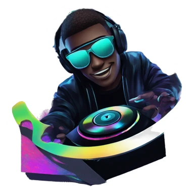 A dj wearing sunglasses playing music holding a cd record record, vinyl, oilslick holographic blacklight inverted graffiti dark dull sticker