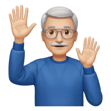 60 yr man with partially gray hair, mustache, light glasses, sweatshirt, waving hello sticker