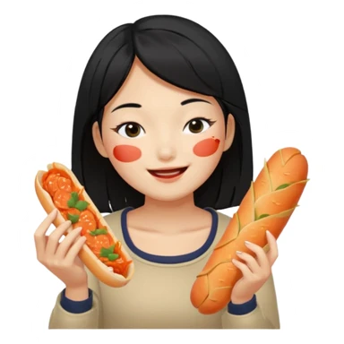 Girl black long hair eat kimchi close eyes baguette sticker