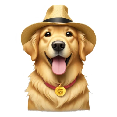 Golden retriever wearing a hat that says Congrats! sticker