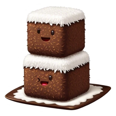 Cinematic Realistic Lamingtons Dessert Emoji, depicted as soft sponge squares coated in chocolate and coconut rendered with mouth‚Äêwatering detail and vibrant lighting. sticker