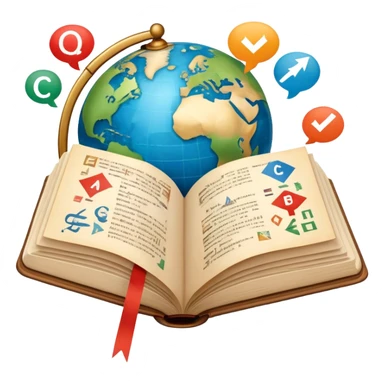 An icon featuring an open book with speech bubbles showing different alphabets—Latin, Cyrillic, Kanji. A globe and translation arrows symbolize global communication and language learning. Transparent background highlights cultural exchange and linguistic diversity. sticker