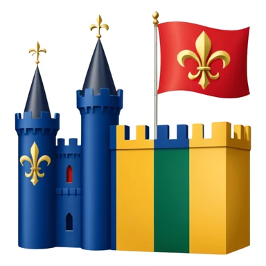 Louisiana Creole flag in 4 boxes: gold fleur-de-lis on deep blue/black; green, yellow, red stripes in upper right and lower left with green star in upper right; yellow castle on red in lower right. Flat vector, clean, high contrast, clear at small size. sticker