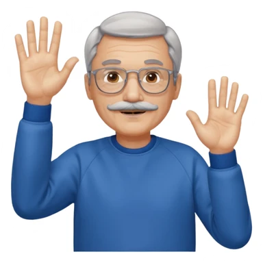 60 yr man with partially gray hair, mustache, light glasses, sweatshirt, waving hello sticker