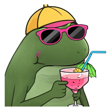 bufo frog with a colorful umbrella hat, wearing oversized sunglasses, holding a pink cocktail with a straw sticker