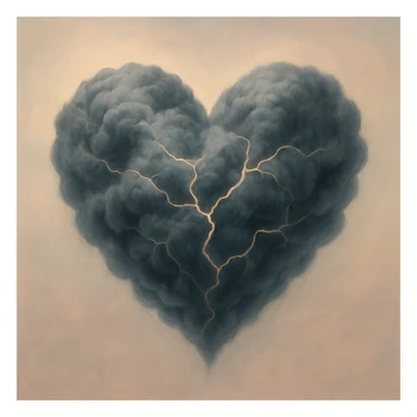 heavy heart formed from stormy, swirling clouds, with visible cracks, set against a soft pastel minimalist background, abstract, soft gradient sticker