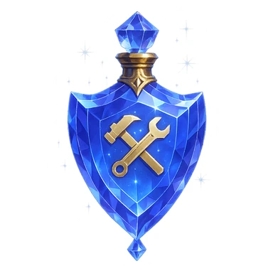 crystal luxurious elixir bottle in shield shape, color #7986cb, with 🛠 symbol on the bottle, lots of shining, edges, ornaments, golden details, magical effects, very small golden neck, transparent background, beautiful seamless bottom, bottle clearly floating in air, no base or shadow, very luxurious, modern, matching a collection sticker