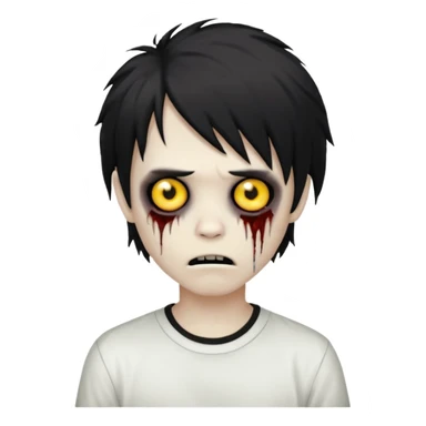 boy zombie with black, medium-long, emo, shaggy hair, dark and spooky, creepy expression, wearing a white shirt, emoji style sticker