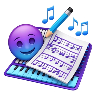 Emoji that represents music track writing. The design should feature a music composition sheet with musical notes and lyrics, a digital audio workstation (DAW) interface or soundwaves, and a pencil or pen to symbolize the writing process. Add a touch of technology with subtle elements like sound mixing sliders or waveform graphics. Use a blend of vibrant and inspiring colors, such as electric blue or neon purple, to evoke a sense of creativity and innovation. The background should be transparent. sticker