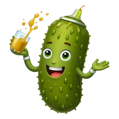 a cartoon pickle with juice squirting from the top of it, being squeezed by a hand sticker