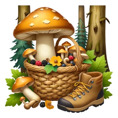 Icon for Mushroom and Berry Tourism: a basket filled with mushrooms chanterelles, boletus and aspen and berries, surrounded by forest elements like trees, leaves and a hiking boots. The icon should capture the joy of foraging in nature. Transparent background. sticker