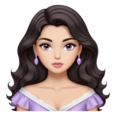 A woman with almond-toned skin, dark voluminous hair in waves, expressive eyes with soft lashes and shimmer, full lips with a glossy nude-pink color, wearing a lavender top and a white sash with “Miss San Juan” in black letters, exuding elegance and confidence sticker