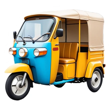 Cinematic Realistic Tuk Tuk Emoji, depicted as a vibrant iconic three-wheeled vehicle with bold colors and a compact design, rendered with crisp textures and dynamic urban lighting that captures its quintessential Thai charm. sticker