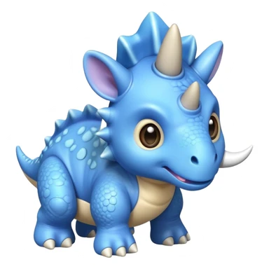 A small blue baby triceratops toy with stubby horns and a pacifier sticker