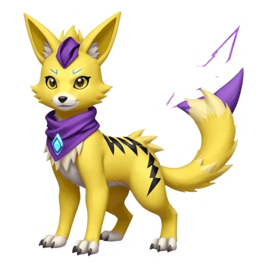 Furry Anthropomorphic Yellow Renamon-Zeraora-Lombax-Pokémon-Digimon-Fakémon-fusion with purple lightning-bolt-markings, and facial markings, black bandanna scarf (full body) sticker