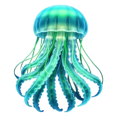 3D render of Jellyfish, bioluminescent deep sea style, glowing neon blue and green lights, dark background to contrast the glow, translucent organic textures. sticker