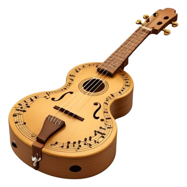 Create an elegant and traditional emoji representing a domra. The design should feature the round, wooden body of the domra with its distinct 3 strings. Include delicate details like the tuning pegs, the fingerboard, and the bridge. The wood of the domra should have a rich, warm tone, and the strings should be subtly highlighted to show their importance. Add a small musical note or two floating around to evoke the folk music it is used for. Use earthy tones like brown and gold to emphasize its classic, rustic feel. The background should be transparent. sticker