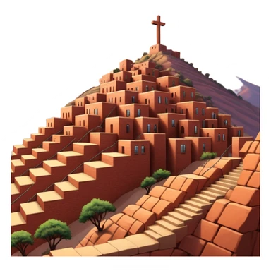 Urban Peruvian hillside neighborhood, brick houses stacked on steep hills of the desert, unfinished red brick buildings,, narrow stairways, electric cables crossing the sky, sunset lighting, realistic style, cinematic, high detail in the desert, cross monument at the top sticker