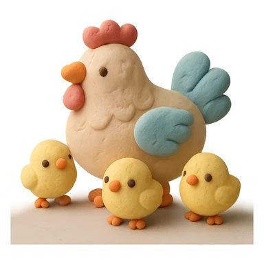 hen with baby chicks, soft pastel colors, visible fingerprints, matte plasticine look sticker
