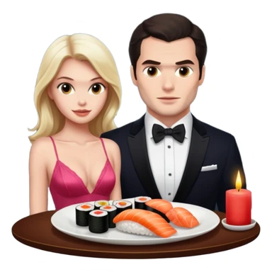 realistic photo of Henry Cavill with a beautiful  victoria secret model on a candle lit sushi date sticker