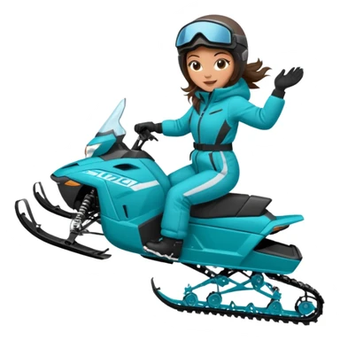 Can you create an emoji of a brunette girl on a teal polaris khaos 850 155 snowmobile doing a wheelie with snow flying sticker
