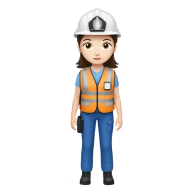 Brunette brown Girl full body standing with her white security helmet and security vest that fits her large on, also with her black backpack. Full body sticker