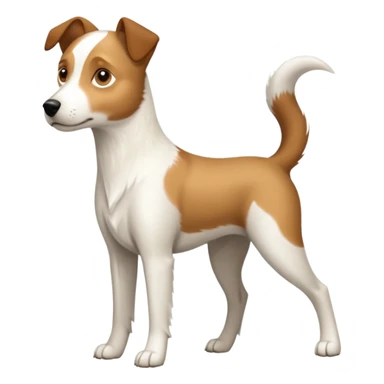 a full body white parson russell looking dog the size of a kelpie with light brown ears and a light brown patch on one eye and a large snout sticker