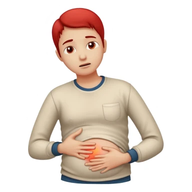 A person wearing casual clothes, holding their stomach with one hand, showing visible discomfort. A red glow appears over the abdominal area to indicate pain. Realistic medical illustration style, clean white background, focus on body language expressing stomach ache or cramps. sticker