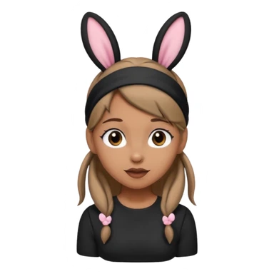 "A tan-skinned person with a high brown ponytail wearing a headband with black bunny ears. The character is dressed in a stylish black outfit. The emoji style should be cute, expressive, and modern — simple but detailed enough to show the ponytail, bunny ears, and outfit clearly." sticker