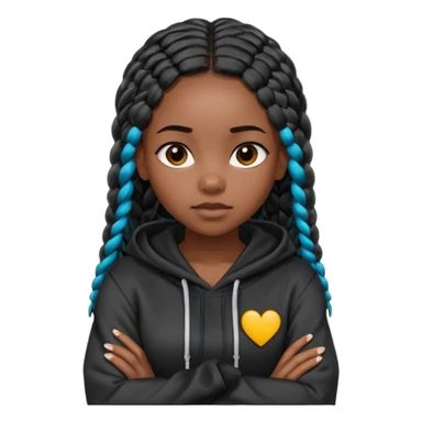 African American dark skin girl with long black box braids wearing a plain black hoodie  with arms folded across chest sticker