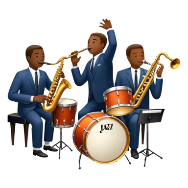 Icon for Jazz Music: The Jazz Messengers, featuring a dynamic composition with Art Blakey on drums and musicians playing saxophone, trumpet, and piano. Musical notes and a warm jazz club atmosphere emphasize the vibrant hard bop style. Transparent background. sticker