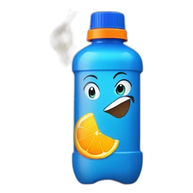plastic bottle with blue cap, and detitle being SLAP in blue color with a yellowish cartoony fire on the background and the juice being orange sticker