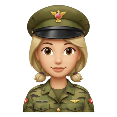 Female soldier emoji in Apple style, no cap/helmet, bust portrait, gentle smile, generic camo, hair visible, soft gradients sticker