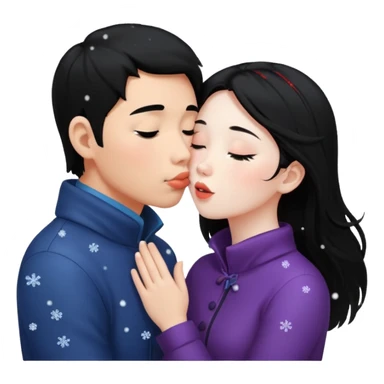 black long haired asian guy kissing redhead girl in snow falling sticker