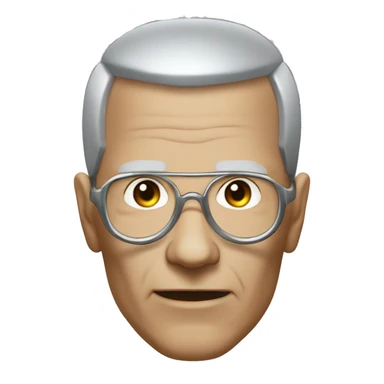 Older Male cyborg head with metallic plated face, brown flat top haircut, glasses and circuitry sticker