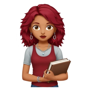 a pretty tan indian bratz girl with messy dark wavyred hair, wearing a dark red tank top, layered silver necklaces. Carrying multiple sketchbooks sticker