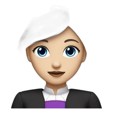 a girl with long straight white hair and purple at the ends,blue eyes and a small heart on the left cheek black dress with a collar roll black sticker