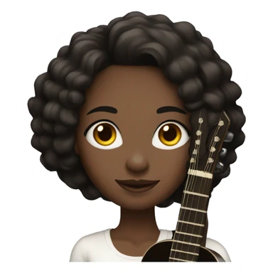 A woman of 25 years old, dark hair, ebony skin, with a jazz guitar white sticker