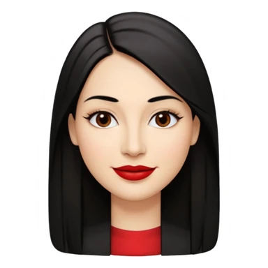 Mulher, 40 anos, pele: Morena clara, rosto: Oval, Cabelos: Lisos, longos, cor preta, repartidos para o lado direito, Olhos: Castanho-escuros, espaçamento normal, Nariz: Tamanho médio, ponte reta, narinas discretas, Boca: Lábios médios, bem definidos, com batom vermelho marcante e sorrindo  sticker