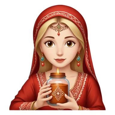 A beautiful white women wearing a traditional marrocan clothing and holding a jar of henna sticker