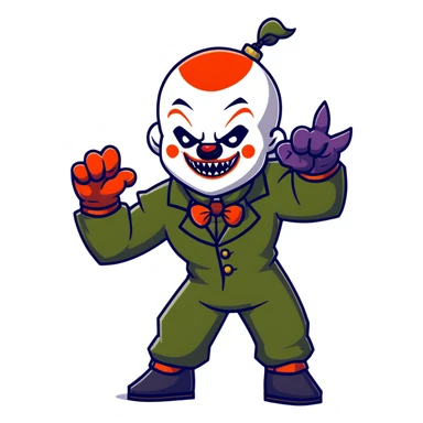 evil clown warrior, bald, small black satan-like horns on forehead, fangs, pointed ears, eye patch over one eye, black and military green leisure suit with bellbottom pants, realistically proportioned, less bulky, full body, battle-ready fighting posture sticker