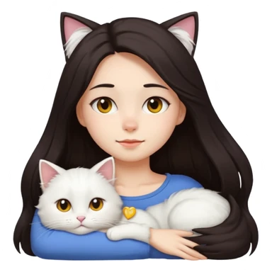 a girl with long dark hair and a white fluffy cat lying on her left shoulder and neck, emoji style, suitable for Discord and Slack sharing sticker