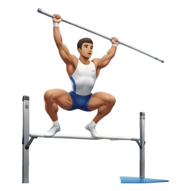 A professional male athlete performing on the parallel bars, showcasing strength and grace. His body is in mid-motion as he holds a perfect inverted position, demonstrating control and balance. The background features a bright gymnasium with high ceilings and a crowd cheering in the distance. sticker